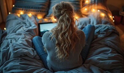 Above, a woman uses her laptop and smartphone on the bed.