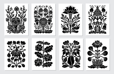 Vector set of spring summer illustration with black wild flowers isolated on white background in Folk art symmetry style, greeting cards collection