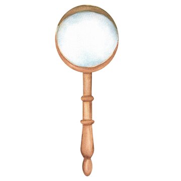 recommend clip art: Vintage magnifying glass with wooden handle. Reading, studying, learning clipart. Hand-drawn watercolor illustration.