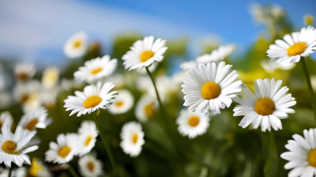 Field daises background swaying in wind close up. White blooming chamomile flowers summer field meadow close-up. Wildflowers in nature spring. Environmental conservation, ecosystem. beautiful daises