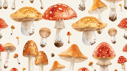 Watercolor seamless pattern with various types of mushrooms