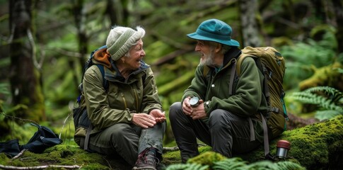 Fototapeta premium A cheerful elderly couple enjoys nature outdoors in a mountain forest with moss-covered trees.