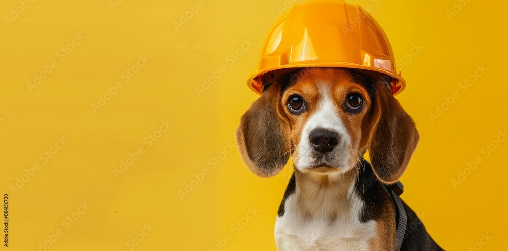 Poster this image shows a yellow background with a beagle wearing a construction helmet.
