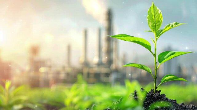 Decarbonization, featuring a vibrant green plant in the foreground with a CO2-emitting industrial chimney in the background, symbolizing the balance between industry and environmental sustainability. 