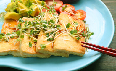 Closeup of Delectable Grilled Tofu and Salad, Garnished with Kaiware Daikon Microgreens