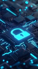 Futuristic Holographic Encryption System with Glowing Blue Digital Circuit Board