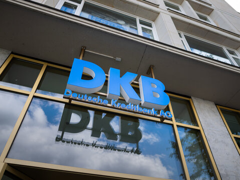 DRESDEN, GERMANY - 13. July 2024: DKB AG logo sign of the Deutsche Kreditbank Berlin. Direct bank for retail clients and financial institution for loans. Subsidiary company of Bayerische Landesbank.