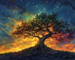 Create a surrealistic painting of a sacred tree with roots that extend into the stars, representing the connection between earth and sky.