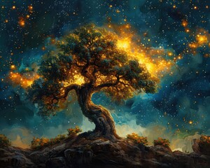 Fototapeta premium Create a surrealistic painting of a sacred tree with roots that extend into the stars, representing the connection between earth and sky.