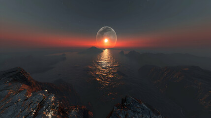  A solar planet with a spectacular view of a red dwarf star, casting a warm glow over the landscape 