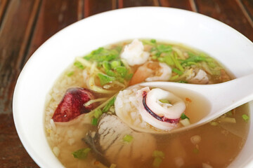 Seafood Rice Porridge with Delectable Squid in a Spoon
