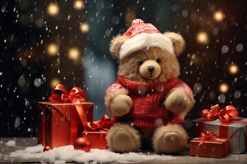 Festive Teddy Bear with Christmas Gifts and Snowfall. Generative AI