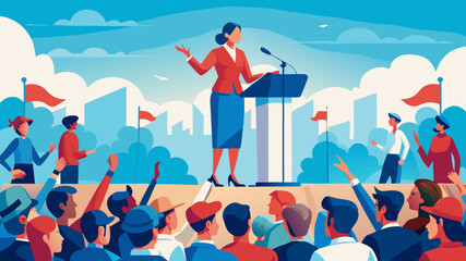 feminism Woman doing a speech outdoor in front of a crowd of members of a political party