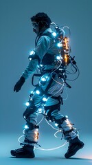 Naklejka premium Futuristic Wearable Exoskeleton with Holographic Health Monitoring for Enhanced Personal Mobility