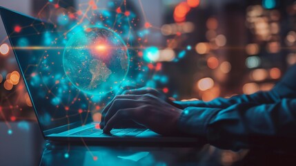 A person types on a laptop with a globe of the world surrounded by a network of connections in the background.