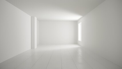 empty white room, with stark white walls and a smooth white floor with   A single window in the corner 