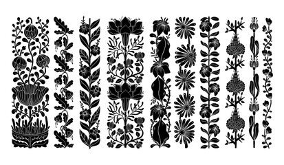 Vector set of seamless borders, black symmetry flower composition isolated on white background. Folk art style illustration