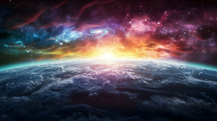 Fototapeta premium A solar planet with a stunning view of a nearby quasar, creating a colorful and mesmerizing sky 