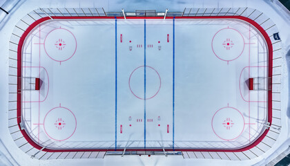 Ice hockey rink, aerial view from above. Generative AI