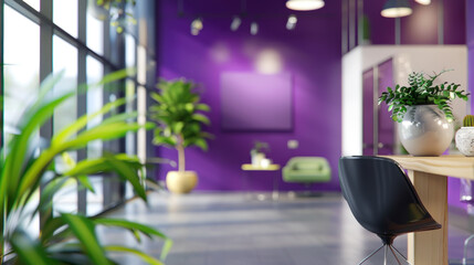 Modern Purple Office Interior with Green Plants.