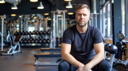 Fototapeta premium Athletic Man Resting at Gym: Fitness, Health, and Workout Lifestyle