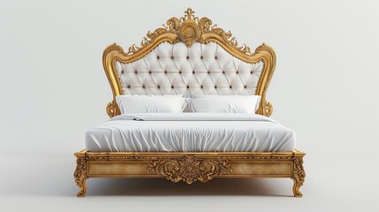 Elegant vintage bed with a detailed golden frame and tufted headboard, perfect for luxury bedroom decor and royalty-inspired interiors.