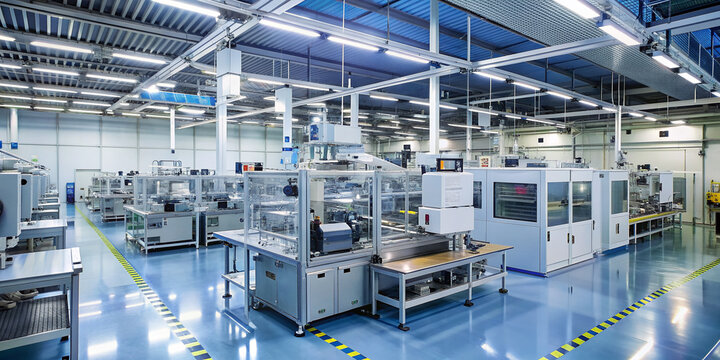 advanced semiconductor production fab, intelligent factory production line cleanroom with working overhead wafer transfer system