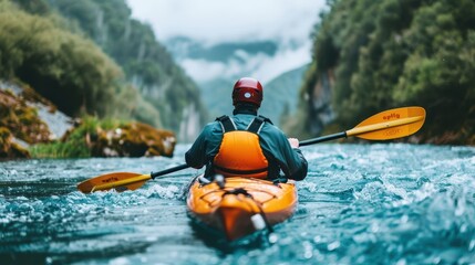 Kayaker paddles through a serene river surrounded by lush greenery and mountains, enjoying outdoor adventure and nature's tranquility.