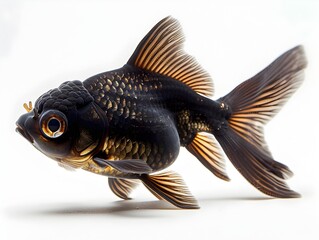 Fototapeta premium A Captivating Black Moor Goldfish with Distinctive Telescopic Eyes Against a Stark White Background
