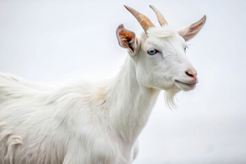 the beside view Saanen Goat standing, left side view, white copy space on right isolated on white background