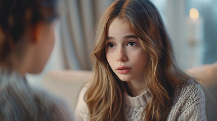 Obraz premium Serious important conversation between mother and teenager daughter in living room at home. Generative ai