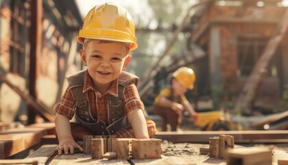 Smiling Child Playing at Construction Site. Worker's day, Labour Day.
