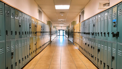 Empty high school hallway with closed lockers during vacation. Summertime vacations