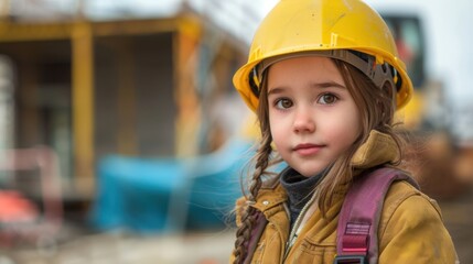 Young Girl in Hard Hat at Construction Site. Worker's day, Labour Day.
