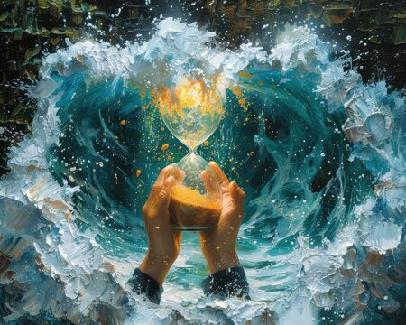 Create a surrealistic painting of a person holding an hourglass with sand made of ice melting into water, symbolizing the fleeting time to address climate change.