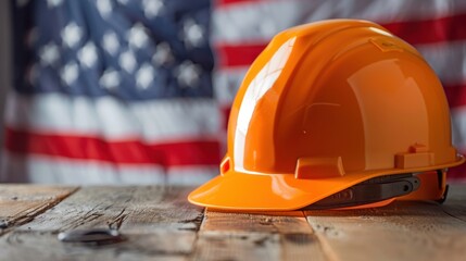 Hard Hat on Wooden Surface with American Flag on National Work Day. Labor Day. Worker's day.
