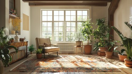 Fototapeta premium Sunlit Living Room with Plants and Cozy Chair