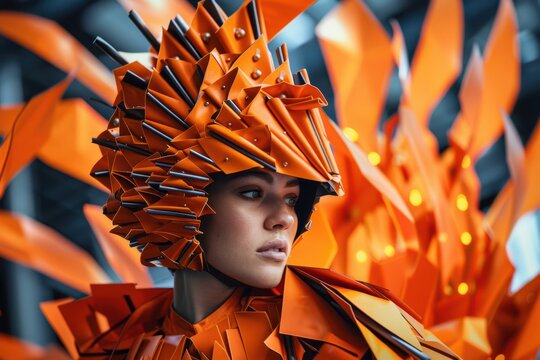 Futuristic fashion model in vibrant orange geometric outfit and headpiece, showcasing avant-garde design. - Powered by Adobe