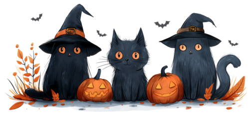 watercolor painting cartoon style illustration cute black orange three Halloween black cat wearing witch hat sitting in garden with pumpkin Jack-o-Lantern PNG die cut isolated transparent background