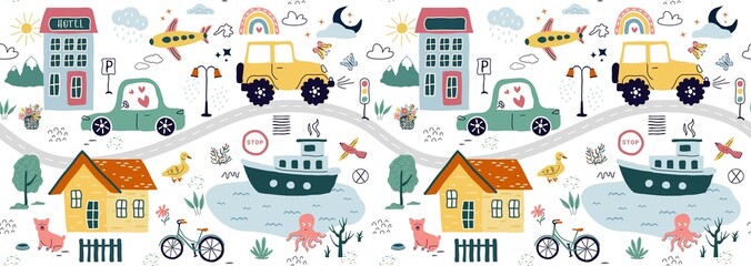 a modern seamless pattern,with hand drawn cars, signs, roads,  a tree. A cartoon element isolated on a white background. for print, children, paper, print. vector illustration in the style art