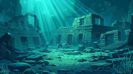 Ancient ruins of a forgotten underwater city bathed in sunlight