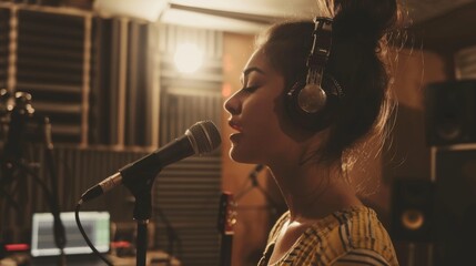 Woman singing into a microphone in a studio