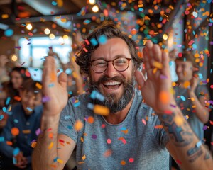 Obraz premium Create a high-quality photograph of a startup team celebrating a success, with confetti and high-fives in a vibrant office space.