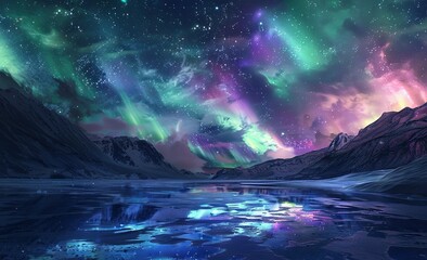 Stunning view of the Northern Lights over an icy lake, with vibrant green and purple lights dancing in the sky above snowy landscapes. 