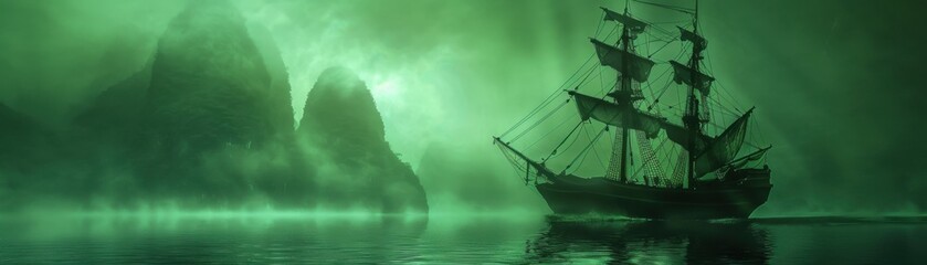 Haunting Ghost Ship Sailing in Mysterious Misty Waters with Eerie Green Glow - Abandoned Nautical Scene