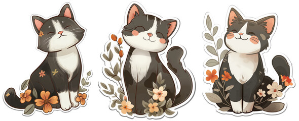Obraz premium cute lovely cartoon cat smiling sitting in flower blossom garden sticker illustration, spring and summer collection set, PNG die cut isolated transparent background