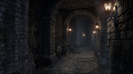 Dungeon dark stone walls with torches