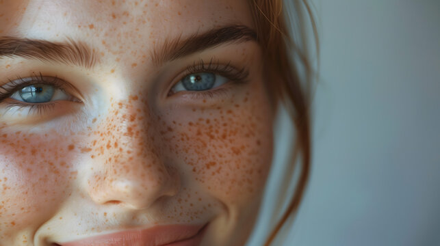 Retrato de chica joven pelirroja, con pecas y ojos claros