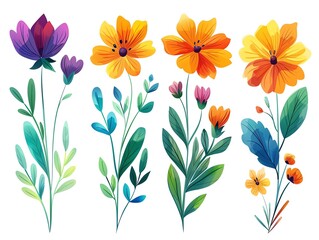 Obraz premium Set of colorful flowers and leaves isolated on white background. Watercolor style. Perfect for design, print, and illustration. flower vector