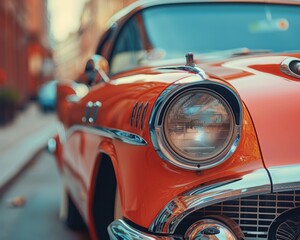 Create a high-quality photograph of a classic car parked on a street with a vintage filter, highlighting its nostalgic appeal.